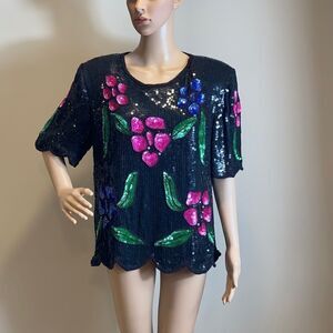 Stenay vintage silk floral sequined blouse, size M.